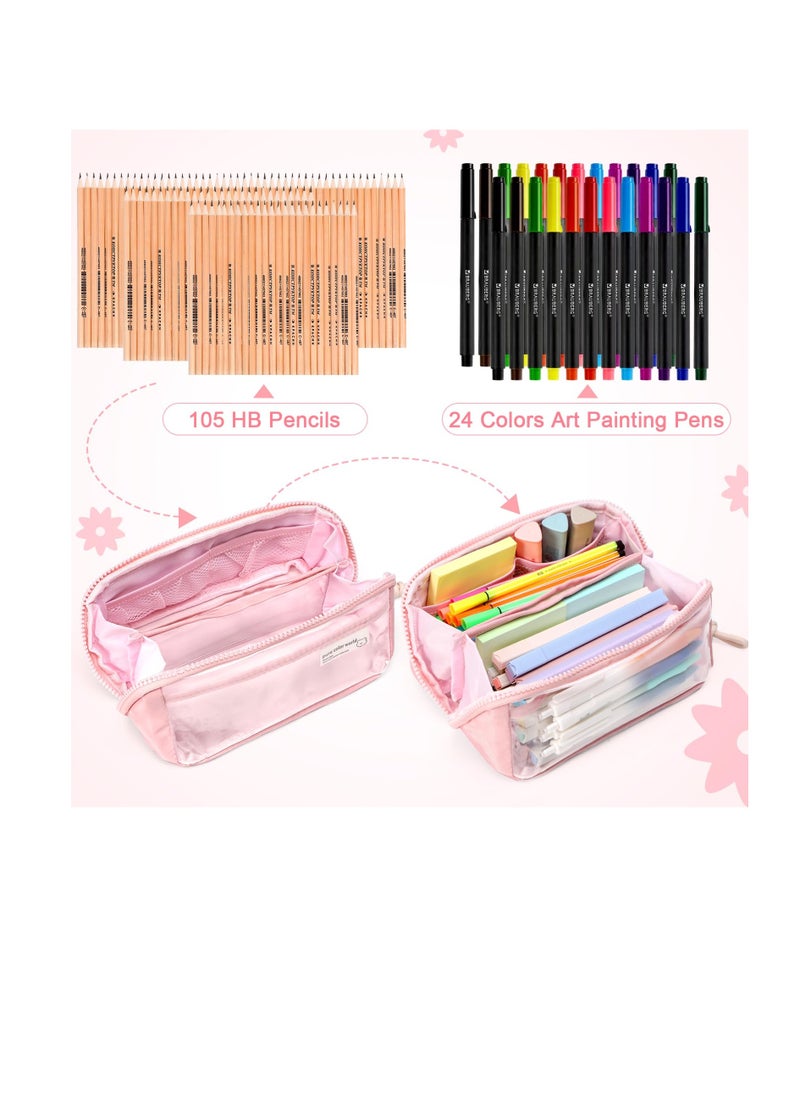 Excefore - Large Pencil Pouch, Big Capacity Pencil Case with 5 Compartments, Multifunctional Cosmetic Bag, Simple Stationery Organizer, College Office Travel Storage Bag for Girls Adult, Pink - Image 1