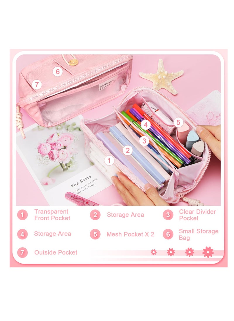 Excefore - Large Pencil Pouch, Big Capacity Pencil Case with 5 Compartments, Multifunctional Cosmetic Bag, Simple Stationery Organizer, College Office Travel Storage Bag for Girls Adult, Pink - Image 1
