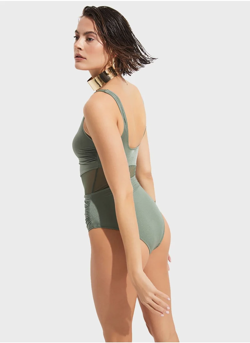 JUNE Ruched Mesh Swimsuit