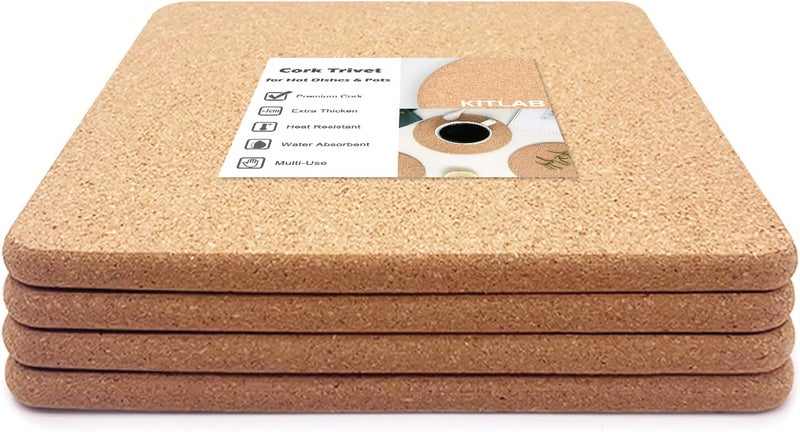 KITLAB Cork Trivet, 4 Pcs High Density Thick Square Cork Trivets for Hot Dishes, 8 Inch Heat Resistant Multifunctional Cork Coaster, Cork Hot Pads for Table & Countertop - Image 1