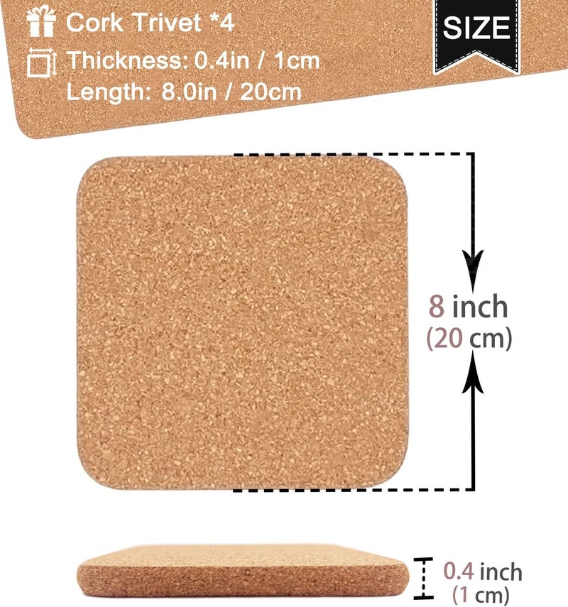 KITLAB Cork Trivet, 4 Pcs High Density Thick Square Cork Trivets for Hot Dishes, 8 Inch Heat Resistant Multifunctional Cork Coaster, Cork Hot Pads for Table & Countertop - Image 3