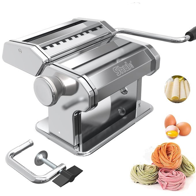 PASTA MAKER MACHINE STAINLESS STEEL MANUAL NOODLE MAKERS INCLUDE PASTA ROLLER CUTTER HAND CRANK AND 7 ADJUSTABLE THICKNESS SETTING