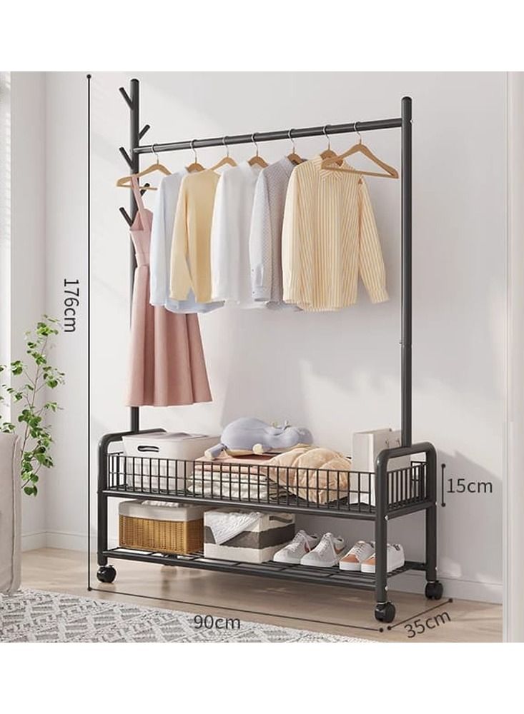 حامل ملابس حامل ملابس منظم متحرك بعجلات رفوف سفلية طابقين متعدد الأغراض (أسود) - Image 1