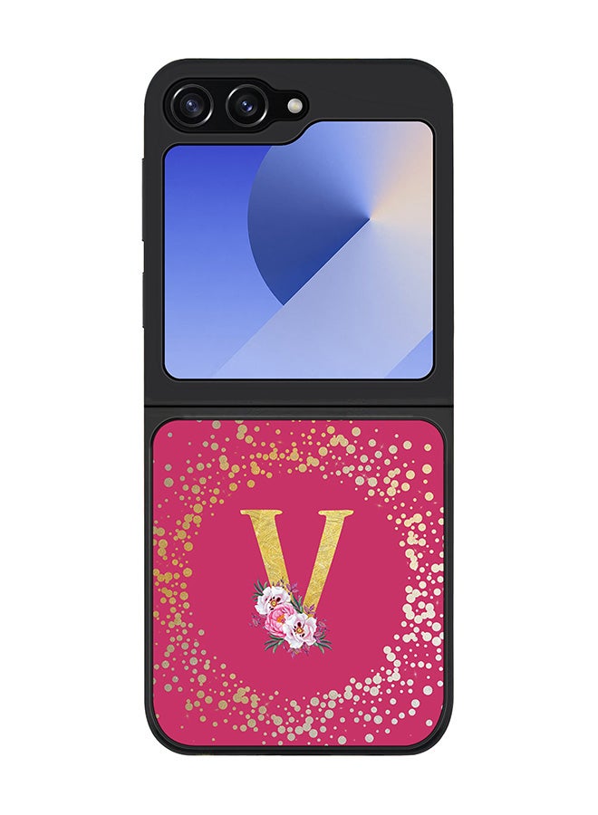 Stylizedd Rugged Black edge case for Samsung Galaxy Z Flip7 FE, Slim fit Case Cover - Custom Monogram Initial Letter Floral Pattern Alphabet - V ( Deep Pink Rose ) - Image 1