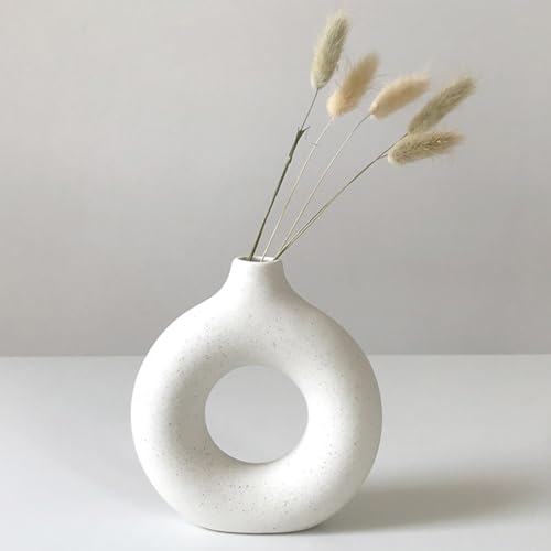 Eastern Rock White Ceramic Vases for Pampas Grass,Water Drop Design Doughnut vase Modern Home Decor Minimalist Nordic Boho Ins Style (White Mini) - Image 1
