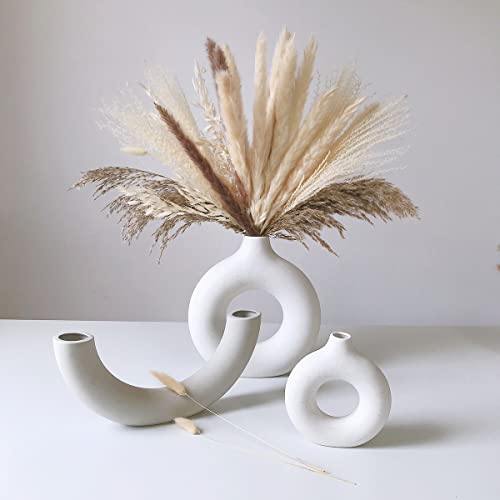 Eastern Rock White Ceramic Vases for Pampas Grass,Water Drop Design Doughnut vase Modern Home Decor Minimalist Nordic Boho Ins Style (White Mini) - Image 4
