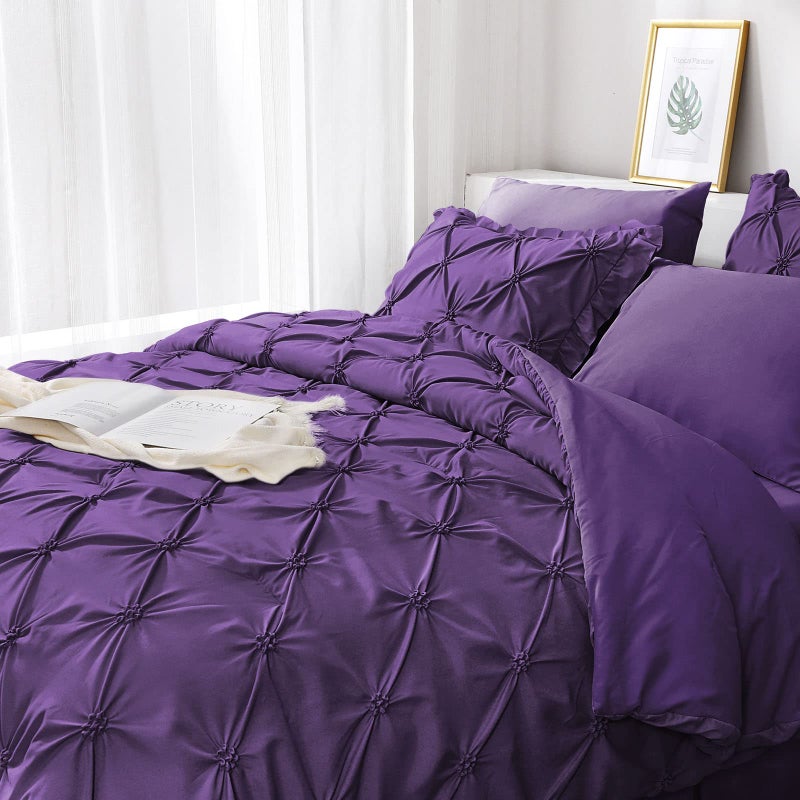 JOLLYVOGUE Purple Full Size Comforter Sets 7 Pieces, Pintuck Bed in a Bag Comforter Set for Bedroom, Bedding Comforter Sets with Comforter, Sheets,Ruffled Shams & Pillowcases - Image 1