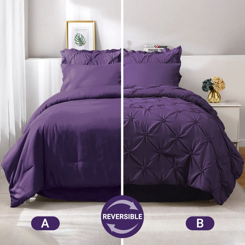 JOLLYVOGUE Purple Full Size Comforter Sets 7 Pieces, Pintuck Bed in a Bag Comforter Set for Bedroom, Bedding Comforter Sets with Comforter, Sheets,Ruffled Shams & Pillowcases - Image 3
