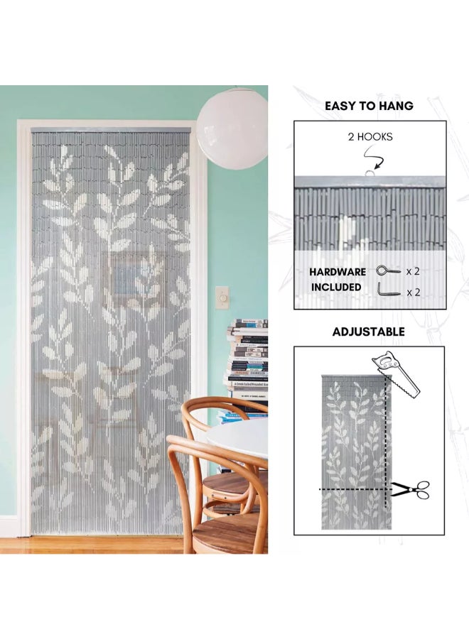 LUANCE Leaf Pattern Bamboo Beaded Door Curtain Grey and White 90 x 200 cm 5502893 - Image 4