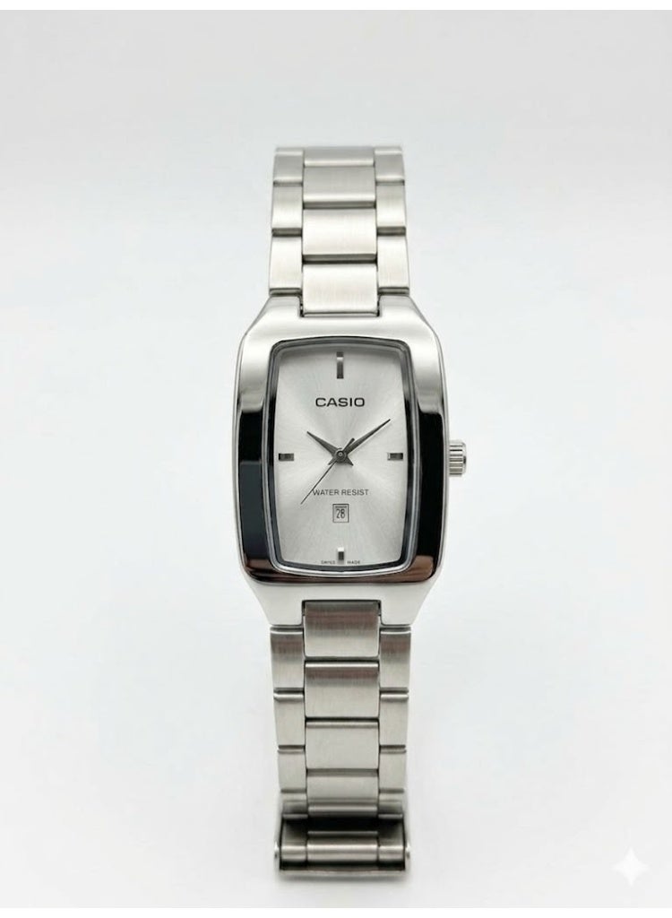 Casio Men's Classic Rectangular Analog Watch, Silver Stainless Steel, Silver Sunray Dial