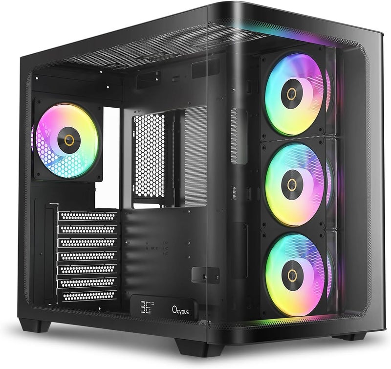 علبة كمبيوتر ألعاب Iota C70 BK Curve ARGB رقمية متوسطة البرج ATX، منظر بانورامي منحني 270 درجة، عرض درجة حرارة في الوقت الفعلي، مراوح PWM مثبتة مسبقًا 4، تهوية كاملة التدفق، حجرة مزدوجة كبيرة، لـ ATX/MATX/ITX - Image 1