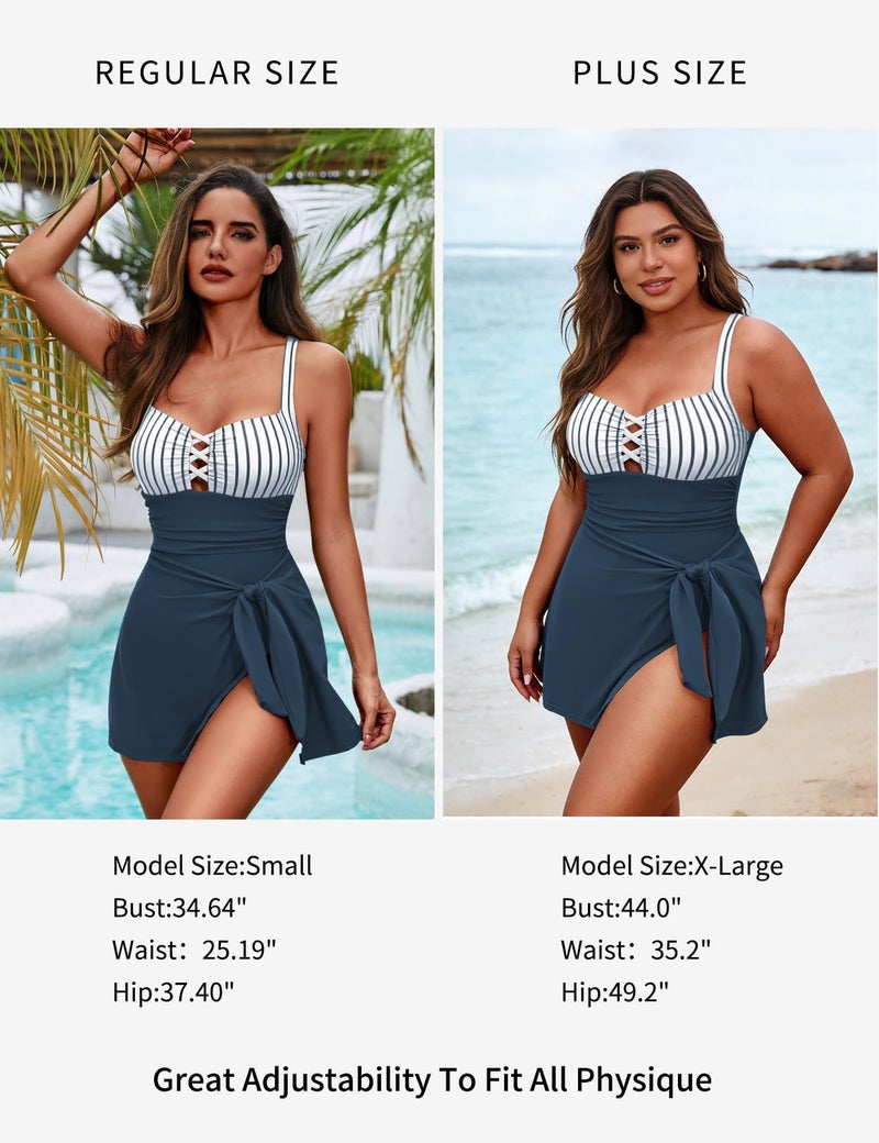 Zilcremo Swim Dress for Women Tummy Control One Piece Swimsuit Wrap Swimdress Square Neck Skirted Bathing Suit Swimwear Stripeblue XL - Image 5