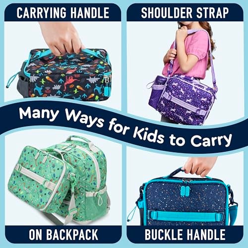 Bentgo Kids Lunch Bag - Double-Insulated, Reusable Lunch Bag for Kids 3+ with Adjustable Strap; Holds Lunch Box/Water Bottle/Snacks; Easy-Clean, Water-Resistant & Pockets (Confetti - Abyss Blue) - Image 4
