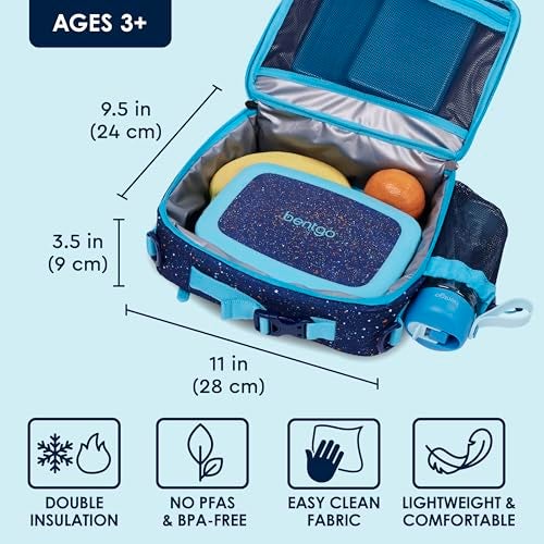 Bentgo Kids Lunch Bag - Double-Insulated, Reusable Lunch Bag for Kids 3+ with Adjustable Strap; Holds Lunch Box/Water Bottle/Snacks; Easy-Clean, Water-Resistant & Pockets (Confetti - Abyss Blue) - Image 3