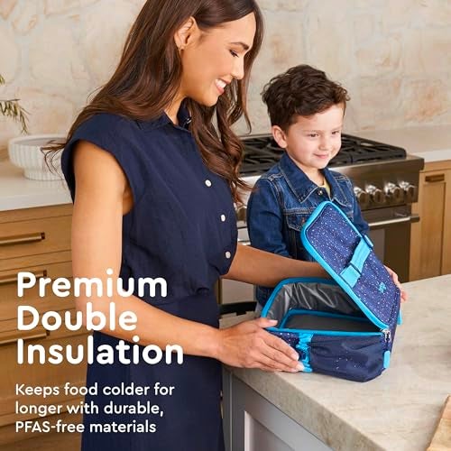Bentgo Kids Lunch Bag - Double-Insulated, Reusable Lunch Bag for Kids 3+ with Adjustable Strap; Holds Lunch Box/Water Bottle/Snacks; Easy-Clean, Water-Resistant & Pockets (Confetti - Abyss Blue) - Image 2