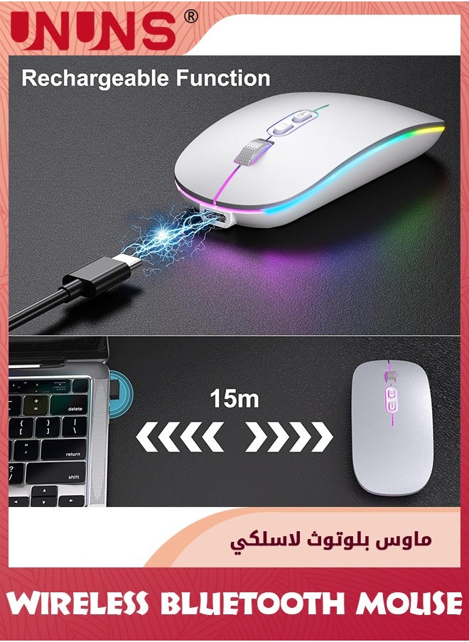 UNUNS - LED Wireless Bluetooth Mouse,Rechargeable Slim Silent Laptop Mouse,Portable BT5.2+2.4G USB Receiver Dual Mode Computer Mice,3 Adjustable DPI,Mouse For Notebook Tablet Phone,White - Image 1