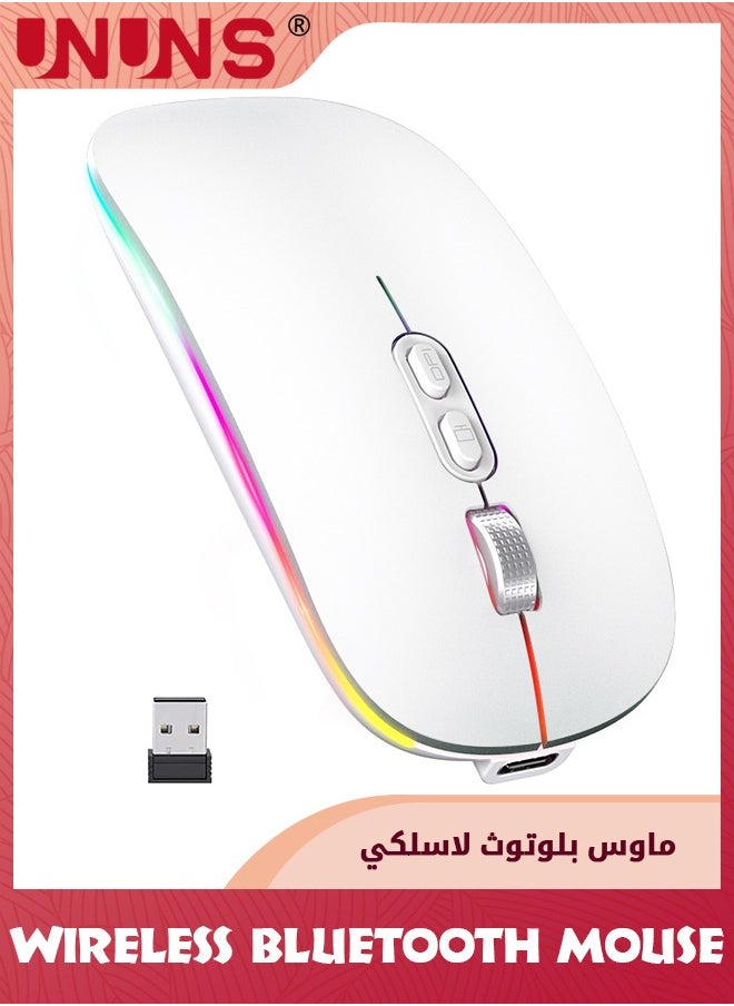 UNUNS - LED Wireless Bluetooth Mouse,Rechargeable Slim Silent Laptop Mouse,Portable BT5.2+2.4G USB Receiver Dual Mode Computer Mice,3 Adjustable DPI,Mouse For Notebook Tablet Phone,White - Image 1