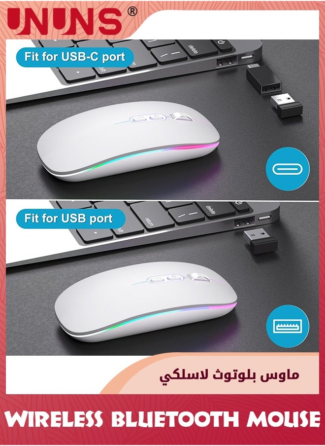 UNUNS - LED Wireless Bluetooth Mouse,Rechargeable Slim Silent Laptop Mouse,Portable BT5.2+2.4G USB Receiver Dual Mode Computer Mice,3 Adjustable DPI,Mouse For Notebook Tablet Phone,White - Image 1