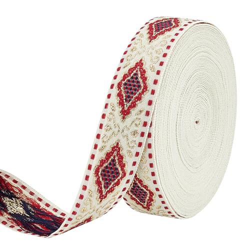 FINGERINSPIRE 10 Yards Jacquard Ribbon Trims 78 inch Wide FireBrick Color Boho Embroidered Woven Ribbon Polyester Rhombus Woven Fabric Bias Tape for DIY Clothing Bag Sewing Crafts Home Decoration - Image 1
