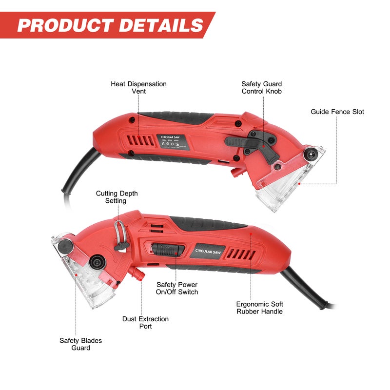 Mini Circular Saw 400W 3400RPM Comapct Circular Saw Tile Saw with 3 Saw Blades and Vacuum Adapter Multifunctional Electric Saw DIY Power Tool Cut Wood Metal Drywall Tile and Plastic - Image 2