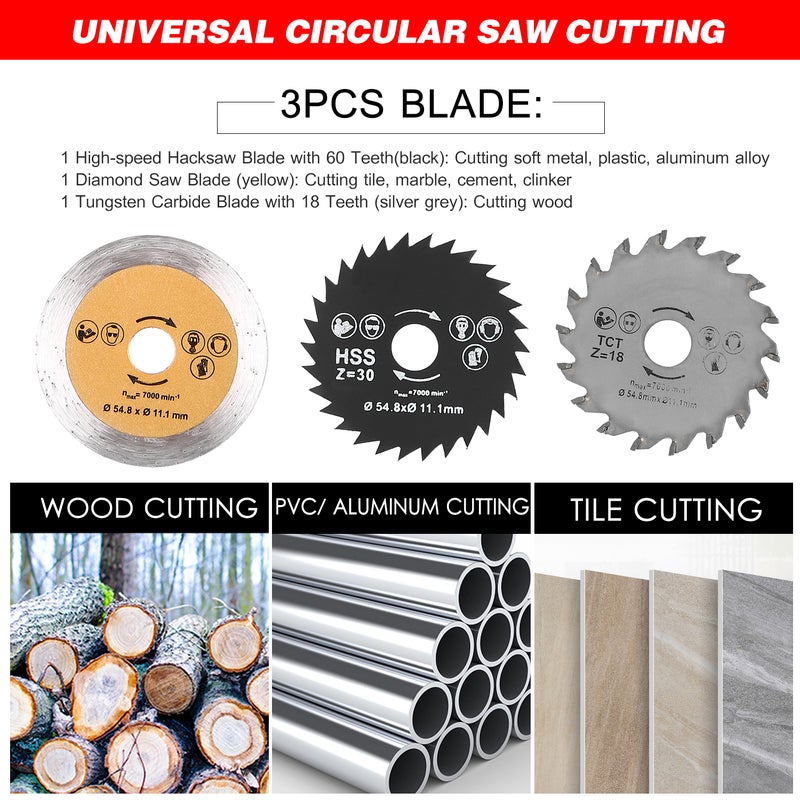 Mini Circular Saw 400W 3400RPM Comapct Circular Saw Tile Saw with 3 Saw Blades and Vacuum Adapter Multifunctional Electric Saw DIY Power Tool Cut Wood Metal Drywall Tile and Plastic - Image 4