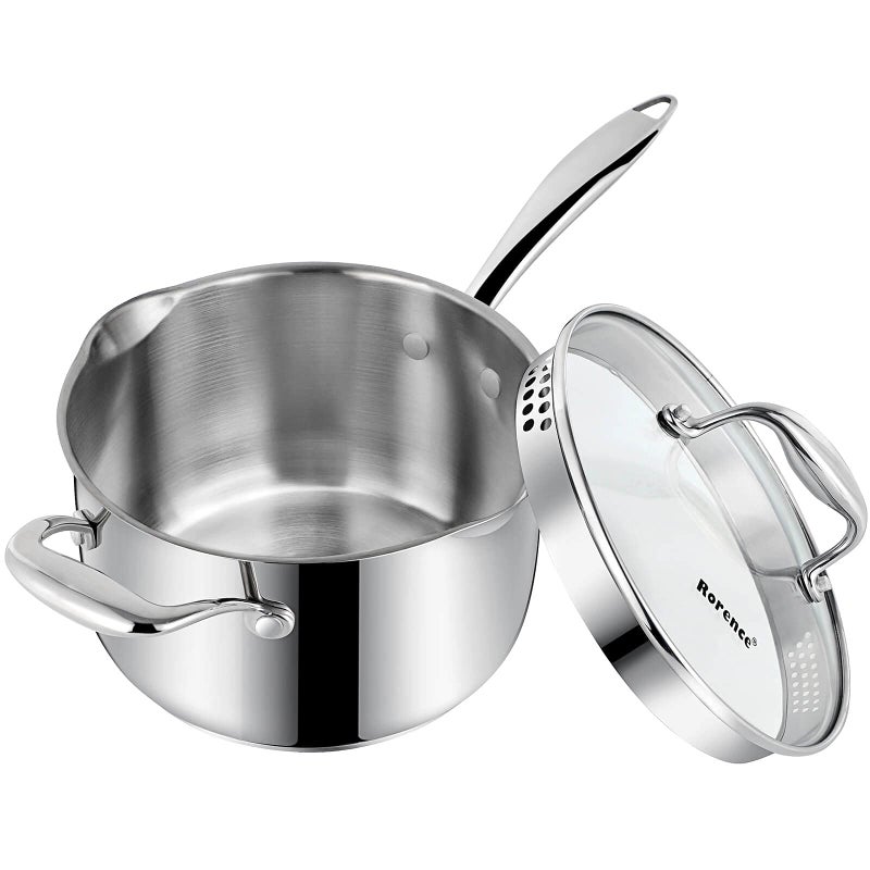 Rorence Stainless Steel Saucepan Sauce Pan with Pour Spout  Glass Lid with Strainer  37 Quart