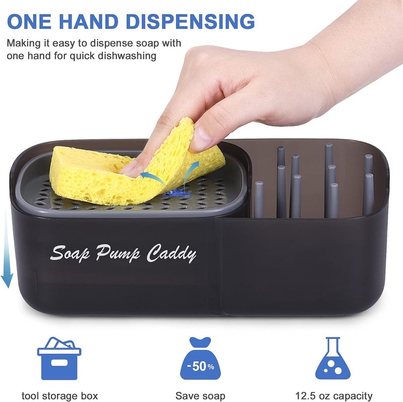 Styxon Kitchen Dish Soap Dispenser With Sponge Holder, 3-In-1 Countertop Soap Pump Dispenser, For Kitchen Sink Dishwashing Cleaning Supplies Soap Dispenser - 12.5 Ounces - Plastic, Black - Image 2