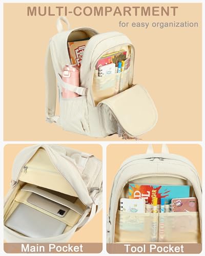 Hidds School Backpack for Teens Girls Women 15.6 Inch Laptop College Backpacks Corduroy Work Bag Kids Elementary Middle High Campus Bookbag Students Back Pack Anti Theft Travel Daypack Womens - Beige - Image 3