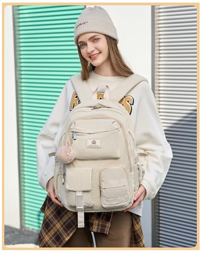 Hidds School Backpack for Teens Girls Women 15.6 Inch Laptop College Backpacks Corduroy Work Bag Kids Elementary Middle High Campus Bookbag Students Back Pack Anti Theft Travel Daypack Womens - Beige - Image 2