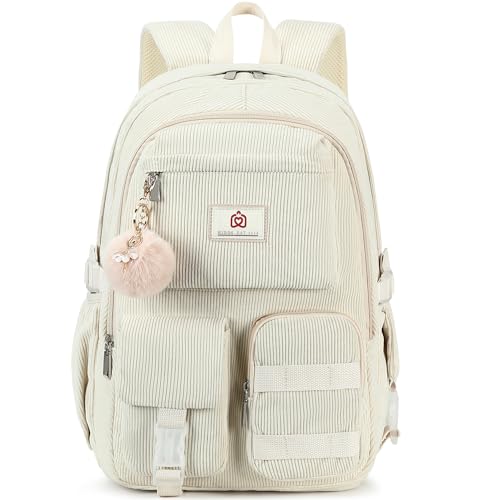 Hidds School Backpack for Teens Girls Women 15.6 Inch Laptop College Backpacks Corduroy Work Bag Kids Elementary Middle High Campus Bookbag Students Back Pack Anti Theft Travel Daypack Womens - Beige - Image 1