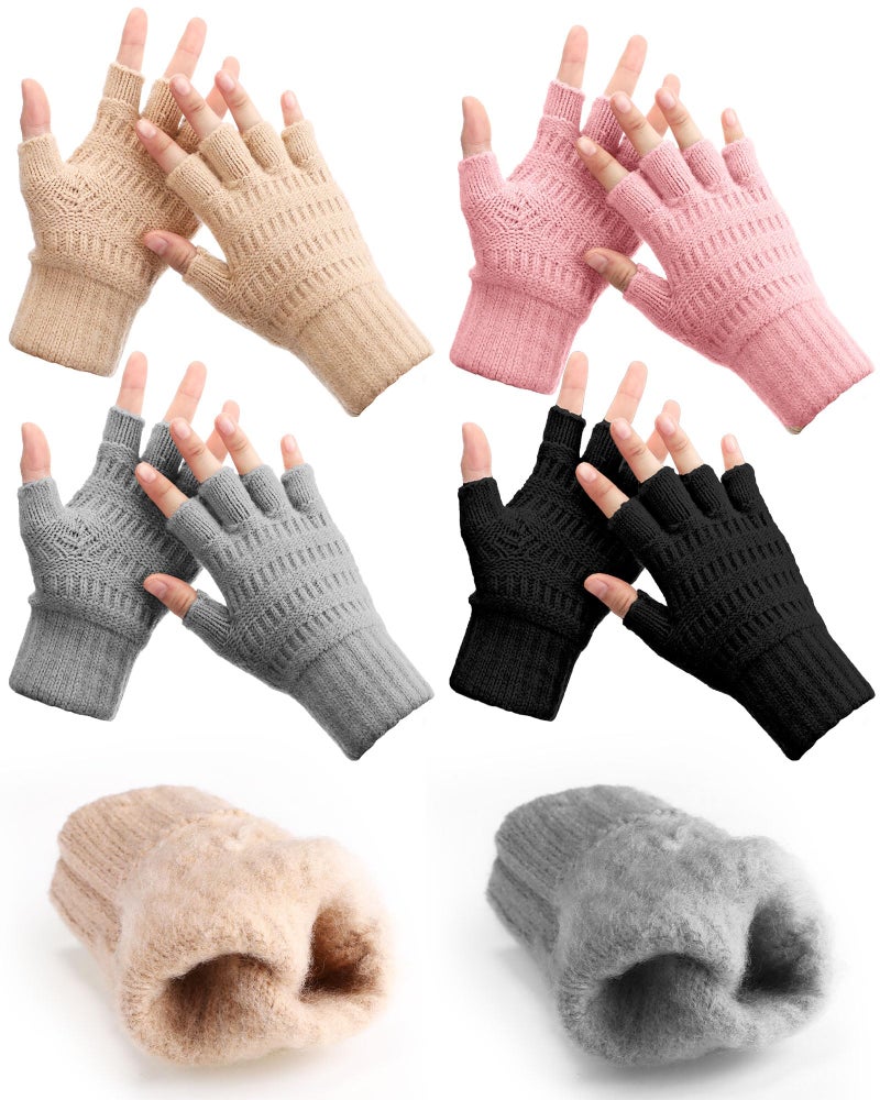 Velmitten 4 Pairs Fingerless Gloves for Women Men Fleece Lined Half Finger Gloves Winter Warm Thick Knitted Stretch Fingerless Mittens for Working Running Cycling Driving Typing - Image 1