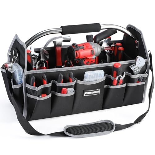 Kowsinde 18 Inch Tool Bag Electrician Tool Bag Open Top Tool Bags 26 Pockets Can Hold Many Tools Steel Handle and Removable Shoulder Strap - Image 1