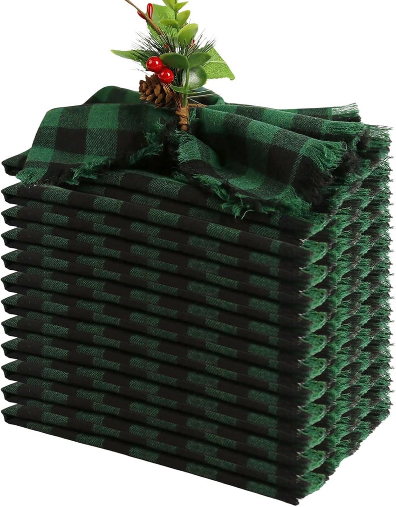 LogHog Handmade Cloth Napkins Set of 12 100 Cotton Cloth Napkin with Fringe 17X17 Inches GreenBlack Buffalo Check Napkins for Christmas Dinner Table Decor - Image 1
