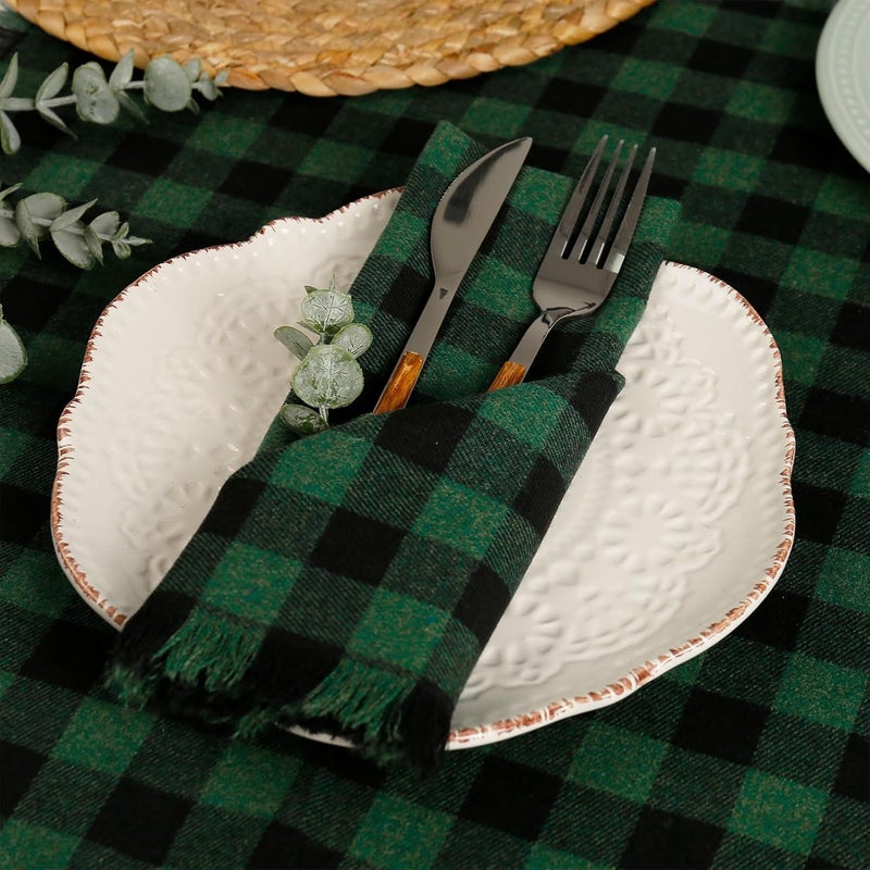 LogHog Handmade Cloth Napkins Set of 12 100 Cotton Cloth Napkin with Fringe 17X17 Inches GreenBlack Buffalo Check Napkins for Christmas Dinner Table Decor - Image 5