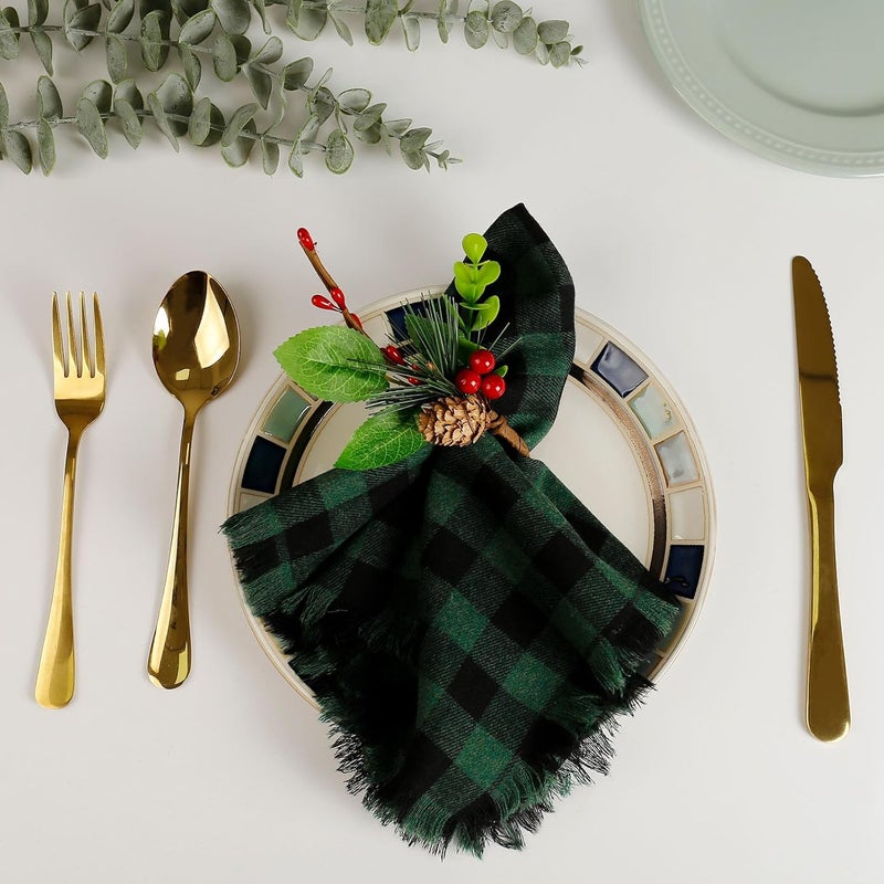 LogHog Handmade Cloth Napkins Set of 12 100 Cotton Cloth Napkin with Fringe 17X17 Inches GreenBlack Buffalo Check Napkins for Christmas Dinner Table Decor - Image 3