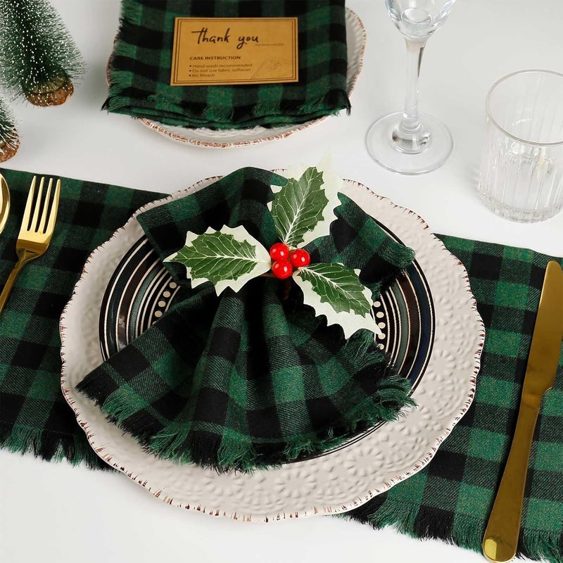 LogHog Handmade Cloth Napkins Set of 12 100 Cotton Cloth Napkin with Fringe 17X17 Inches GreenBlack Buffalo Check Napkins for Christmas Dinner Table Decor - Image 4