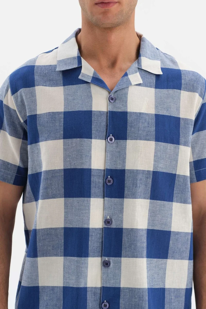 dagi Navy Blue Shirt Collar Plaid Woven Pajama Set