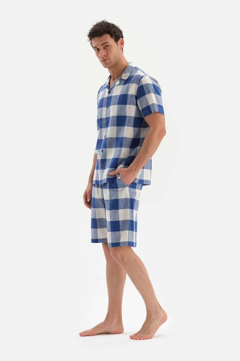 dagi Navy Blue Shirt Collar Plaid Woven Pajama Set