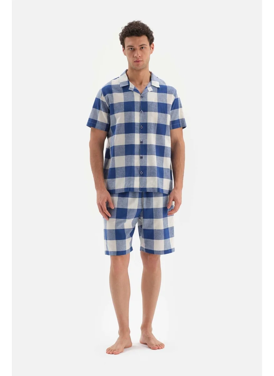 داجي Navy Blue Shirt Collar Plaid Woven Pajama Set