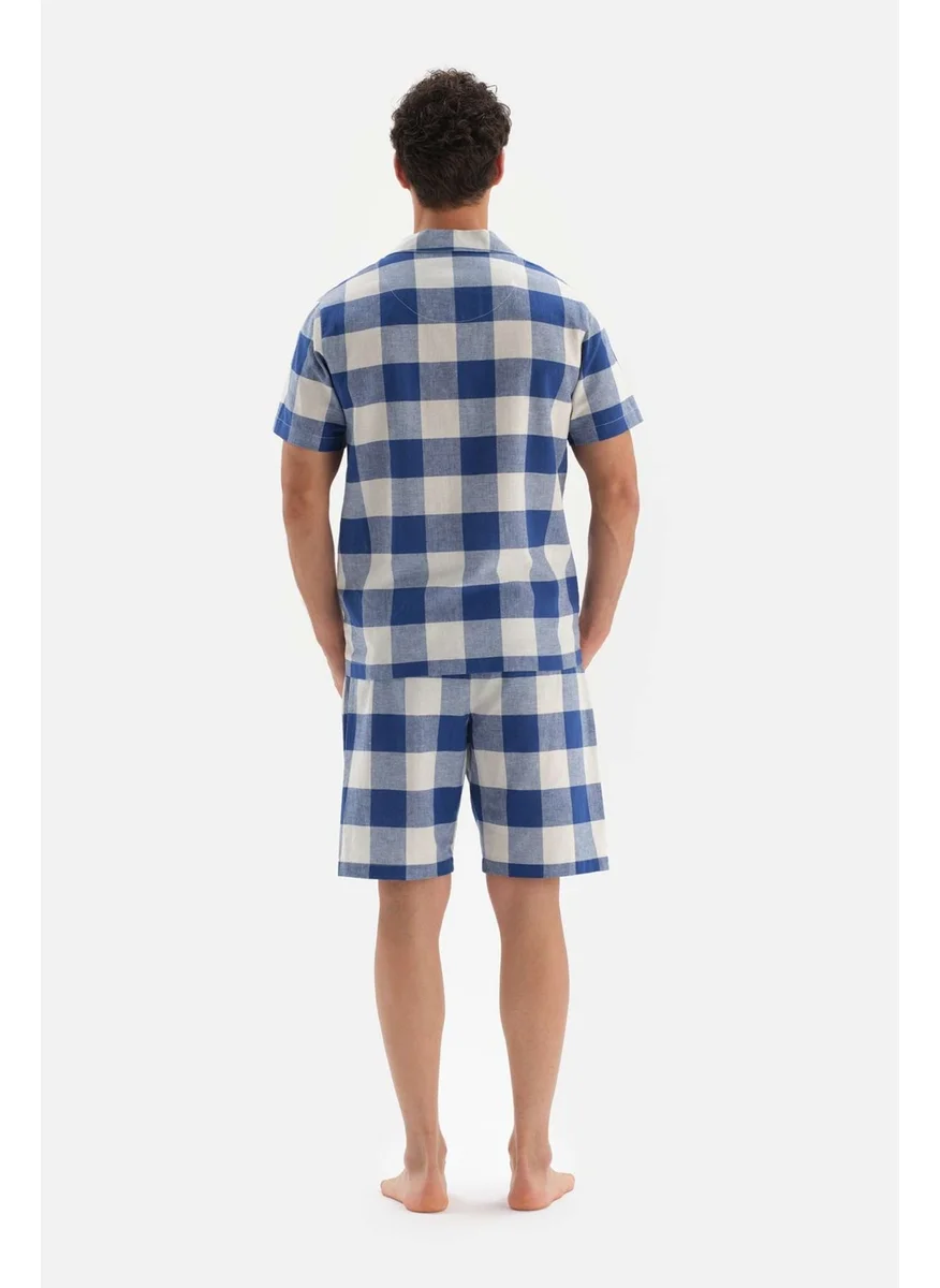 داجي Navy Blue Shirt Collar Plaid Woven Pajama Set