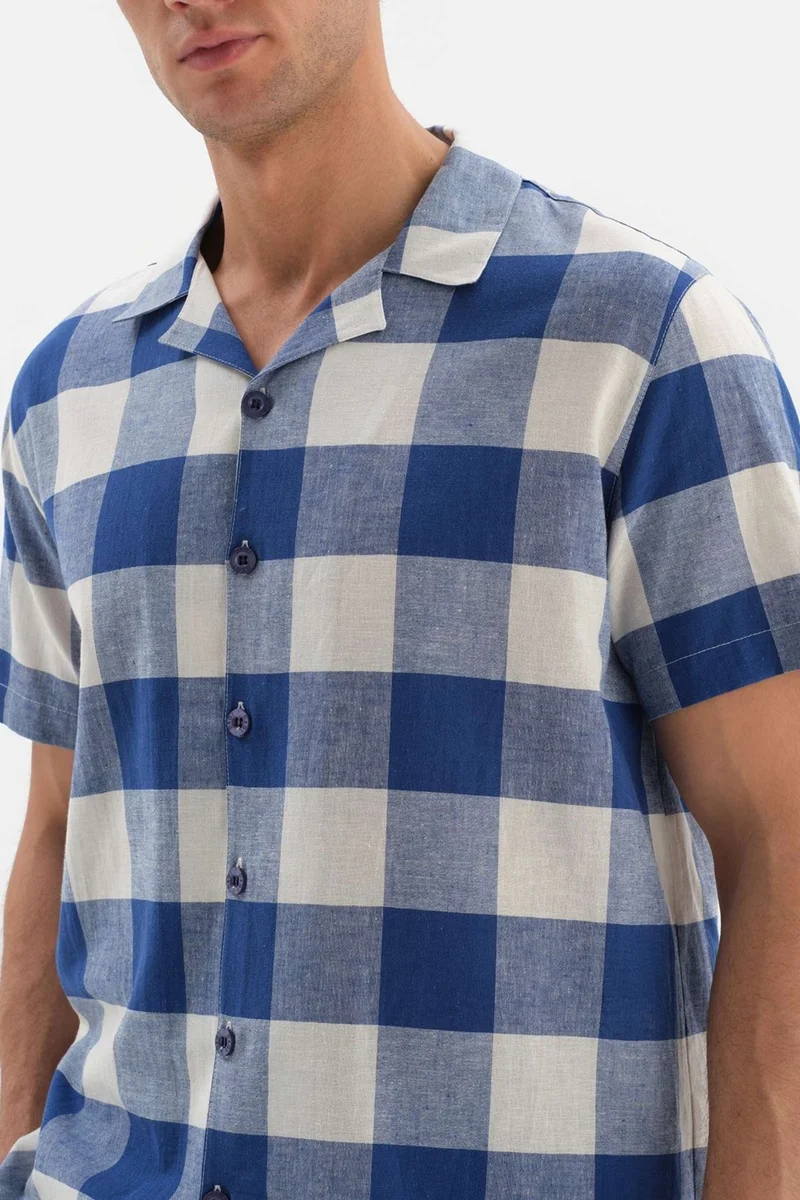 dagi Navy Blue Shirt Collar Plaid Woven Pajama Set