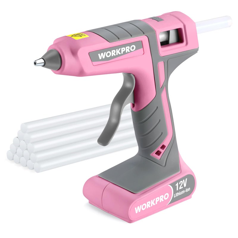 WORKPRO Full Size Cordless Hot Melt Glue Gun - 12V Rechargeable Fast Preheating Glue Gun Kit with 15pcs Full Size Glue Sticks, Auto Power-off Glue Gun for DIY Project, Art, Craft - Pink Ribbon - Image 1