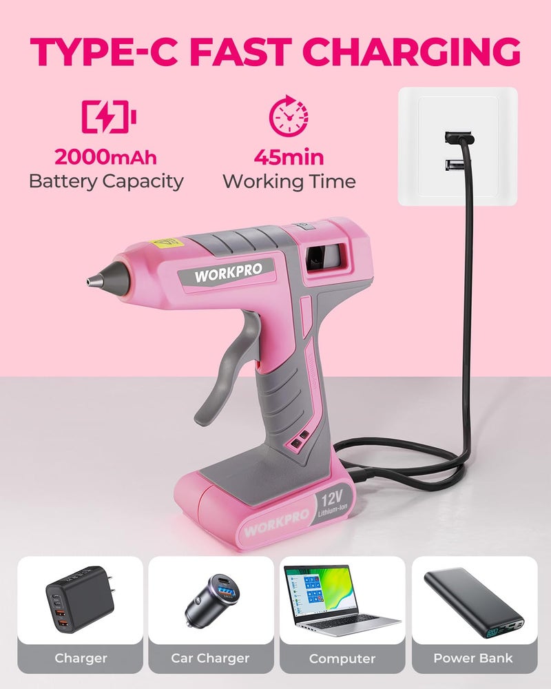 WORKPRO Full Size Cordless Hot Melt Glue Gun - 12V Rechargeable Fast Preheating Glue Gun Kit with 15pcs Full Size Glue Sticks, Auto Power-off Glue Gun for DIY Project, Art, Craft - Pink Ribbon - Image 5