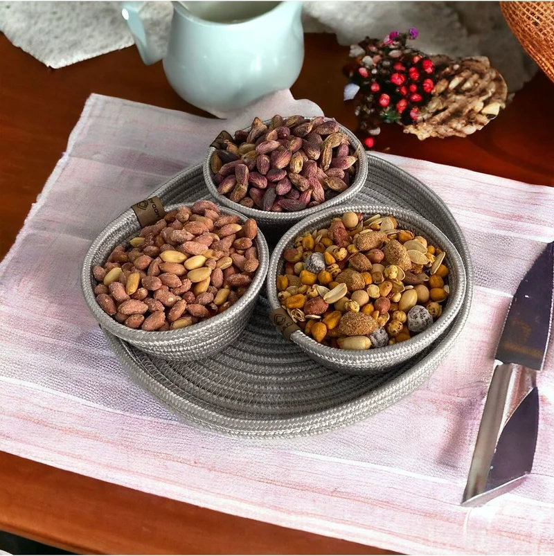 BDZ Deri Bdz Leather 3 Piece Presentation Snack Set Jute Wicker Presentation Container with Tray