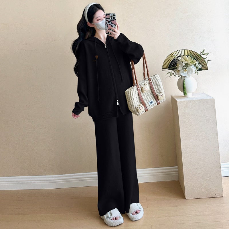 2024 Fashionable Maternity Clothing Set Autumn/Winter Loose-Fit Knit Outerwear Belly Covering Womens Fashion Outerwear Black suit  - Image 1