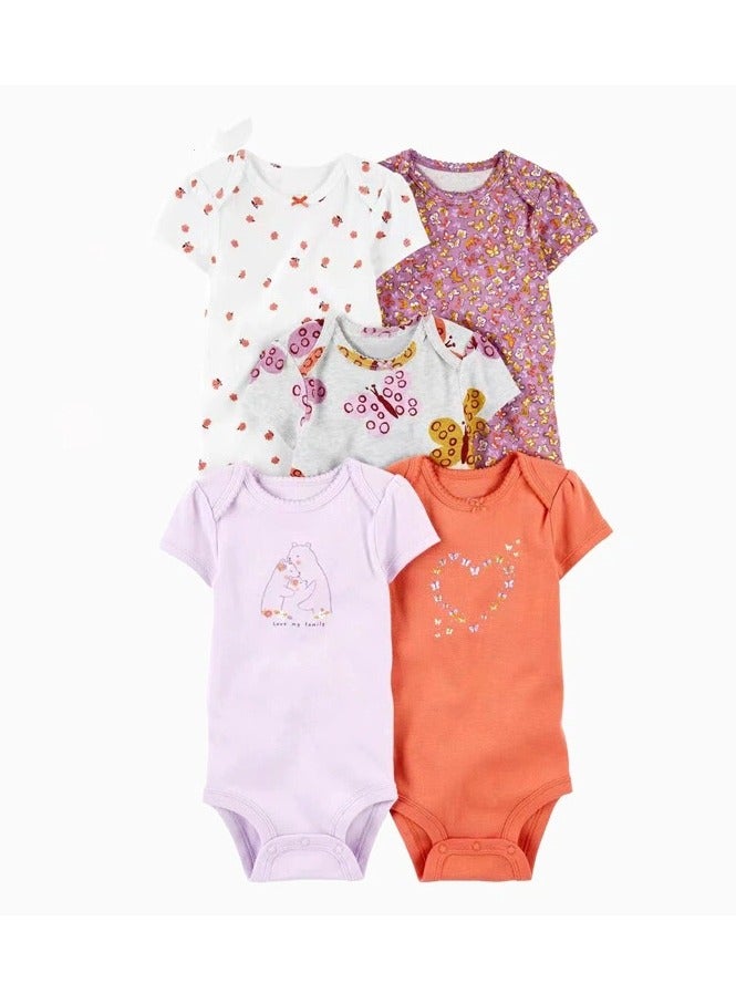 5 Piece Baby Boys Girls Bodysuit Set Soft Breathable Summer Baby Bodysuit Half Sleeve Onesie Pajama Set