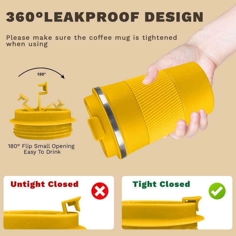 SPLMIFA Vacuum Insulated Travel Coffee Mug, Reusable Stainless Steel Tumbler with Leak-Proof Lid, Keeps Drinks Hot or Cold for Hours, Durable Portable Cup for Men & Women (3rd-Yellow, 12oz) - Image 5