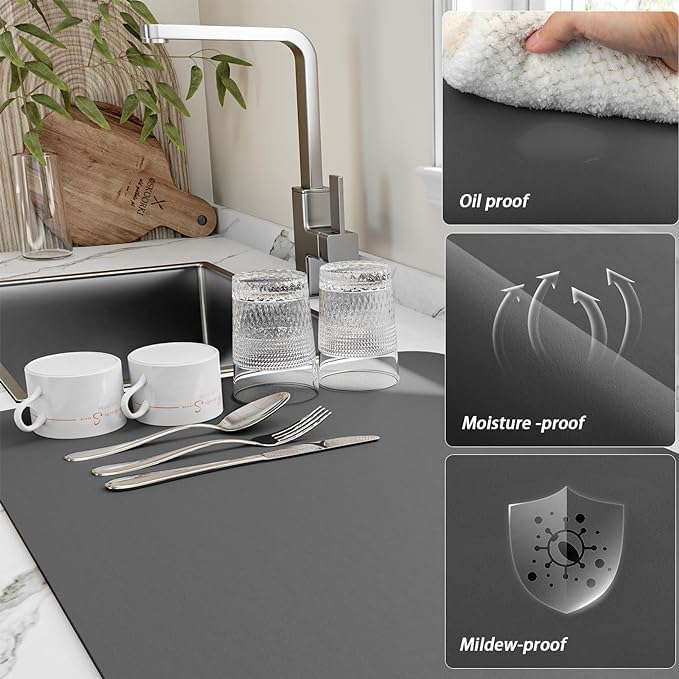 DOZERA Dish Drying mat for Kitchen Counter Quick Water Absorbent Utensils Place mats NonSlip Rubber Backed Dry mat for Kitchen Coffee Machine Dish Rack 40 x 60 Cm - Image 2