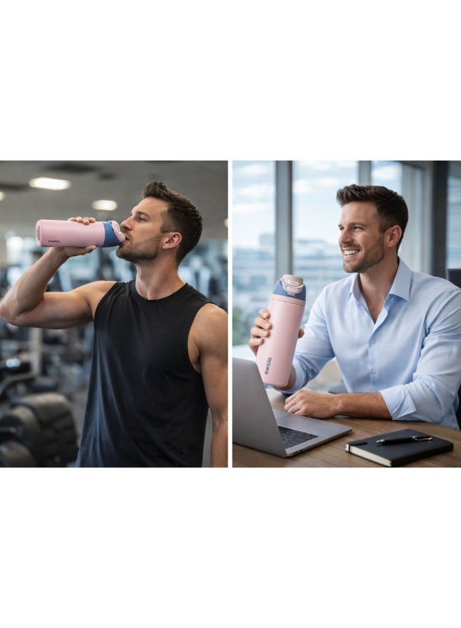 زجاجة مياه أوالا من الفولاذ المقاوم للصدأ، مزودة بماصة بلاستيكية وفولاذية، وغطاء مانع للتسرب بفتحة واسعة، تصميم سهل الفتح بضغطة واحدة، زجاجة رياضية وسفر قابلة لإعادة الاستخدام، سعة 800 مل، لون وردي - Image 2