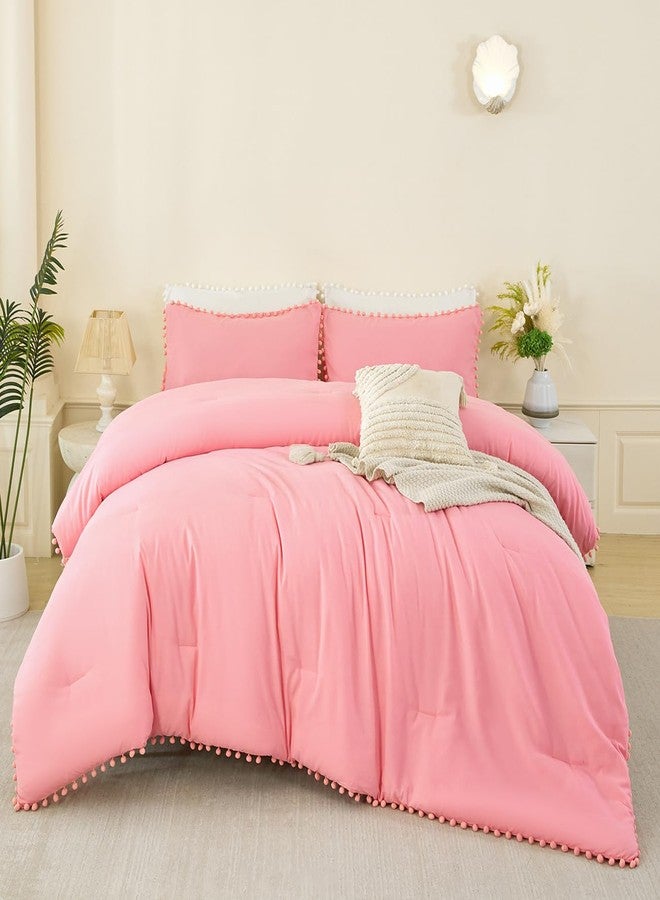 PERFEMET Full Size Bed in A Bag Coral Pink 5 Pieces Pom Pom Comforter Set with Sheets for Girls Kids Teens Soft All Season Fluffy Boho Bedding Set for Bedroom(Coral Pink, Full) - Image 2
